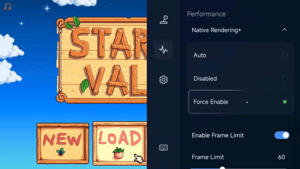 Меню Performance в GameHub: Native Rendering+ и лимит кадров 60