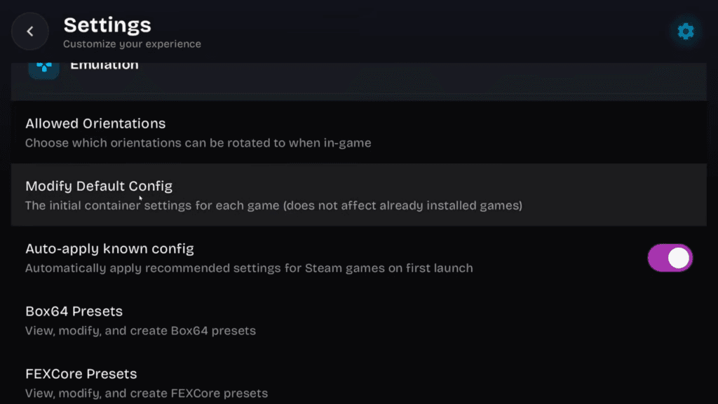 Меню Settings в GameNative: Modify Default Config, Auto-apply known config, Box64 Presets, FEXCore Presets