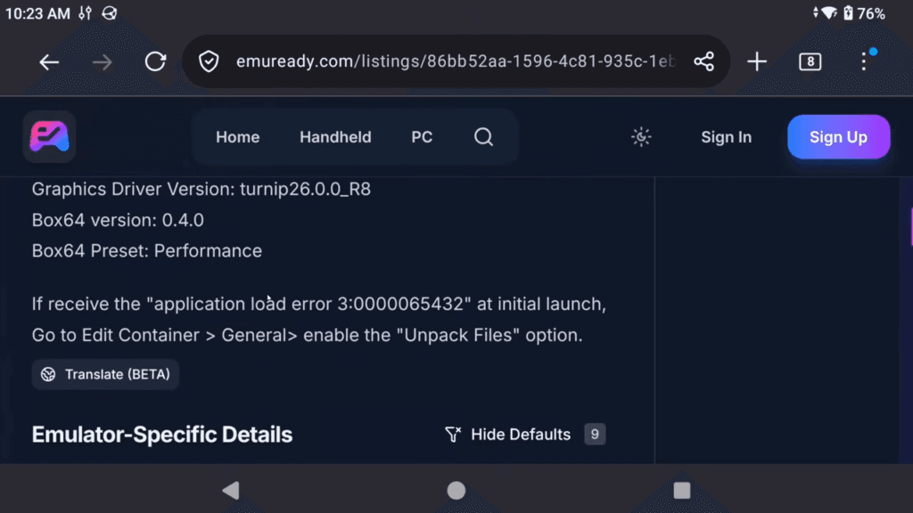 Карточка EmuReady: драйвер Turnip, пресет Box64 и Unpack Files