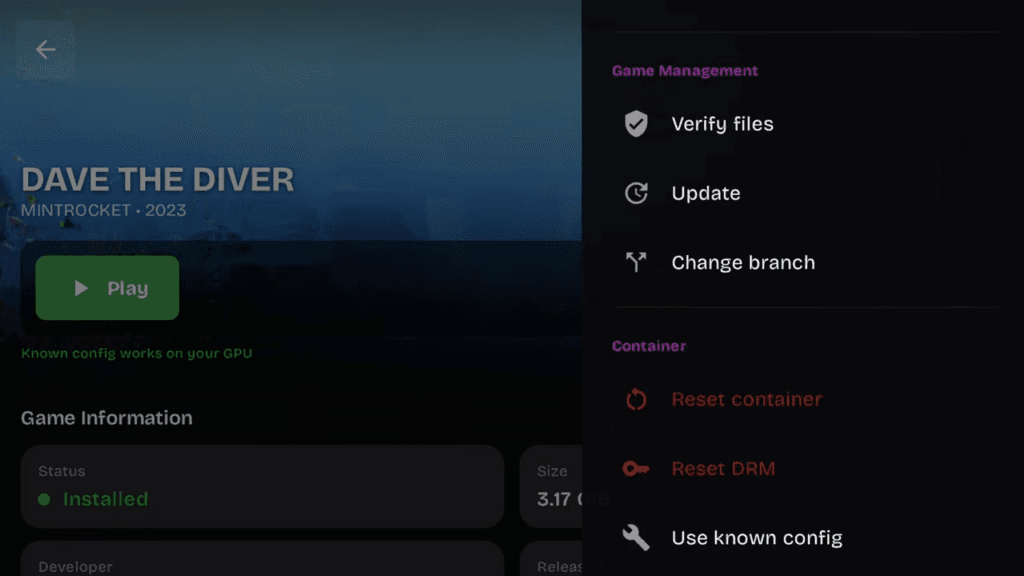 Меню игры: Verify files, Change branch, Reset container, Use known config