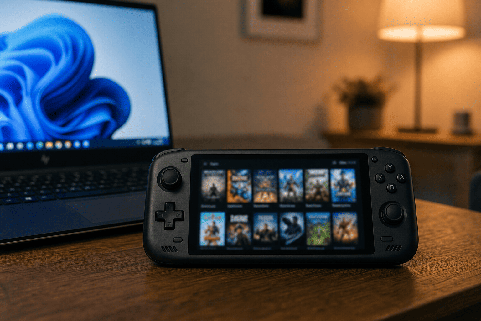 Портативка с библиотекой игр рядом с компьютером