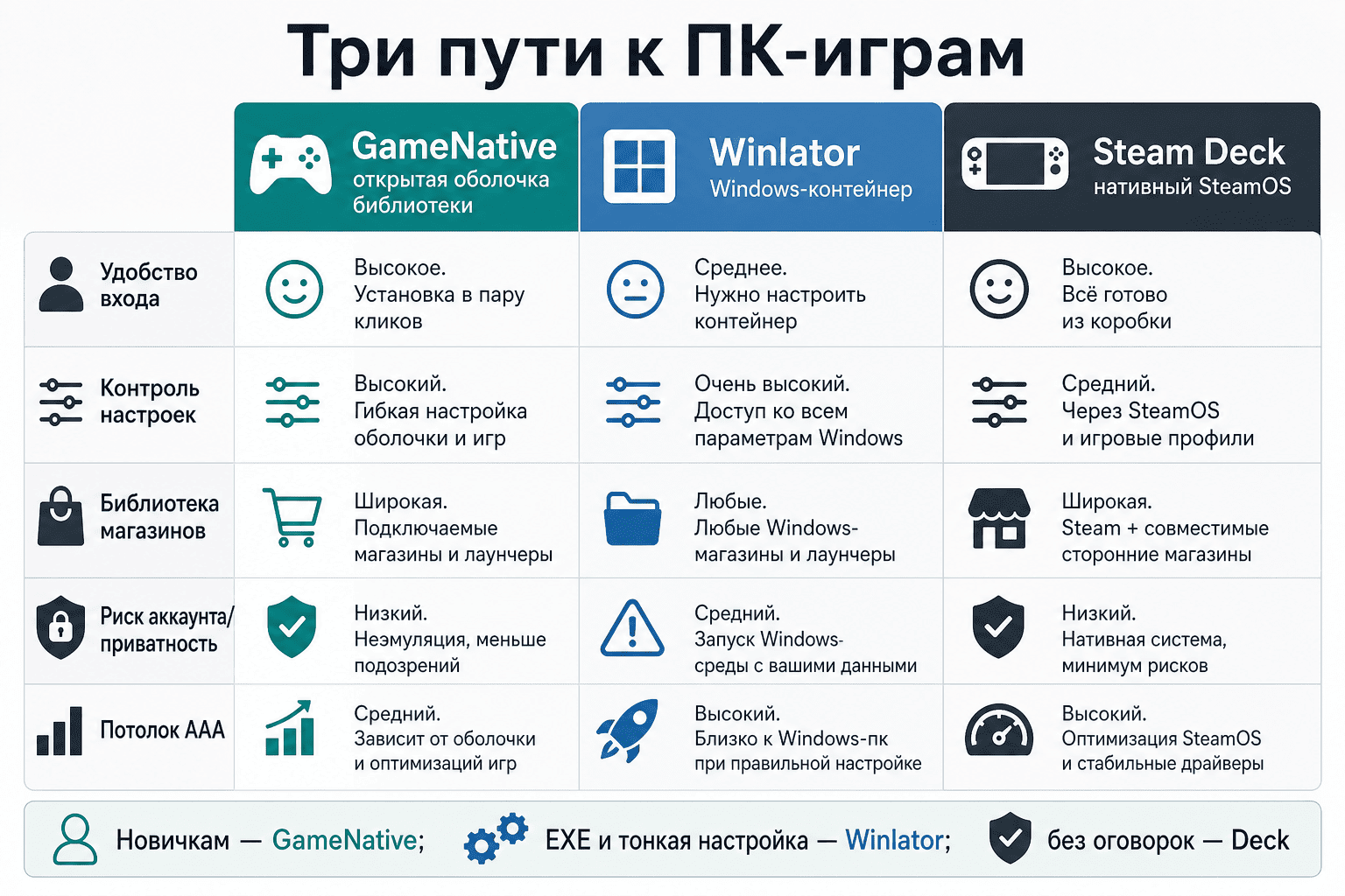 Три задачи: библиотека GameNative, любой exe в Winlator, Steam Deck без прослойки