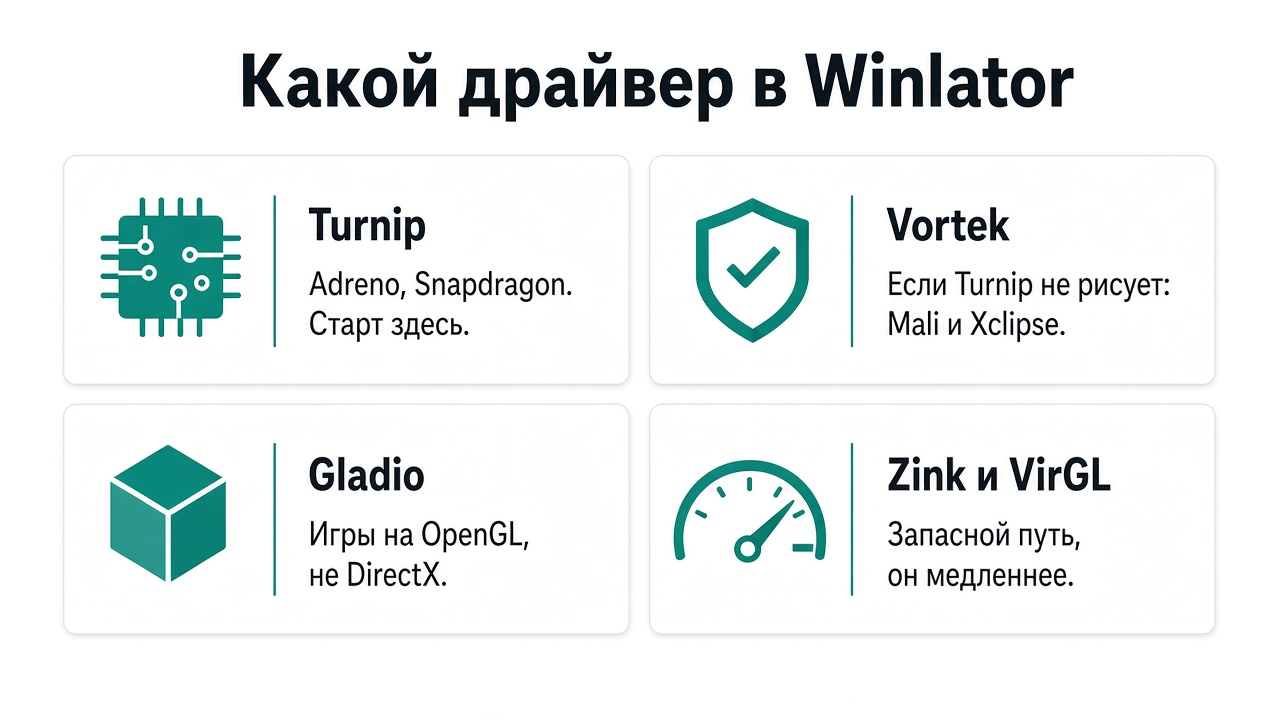 Turnip для Adreno, Vortek если Turnip не рисует, Gladio для OpenGL, Zink и VirGL как запасной путь
