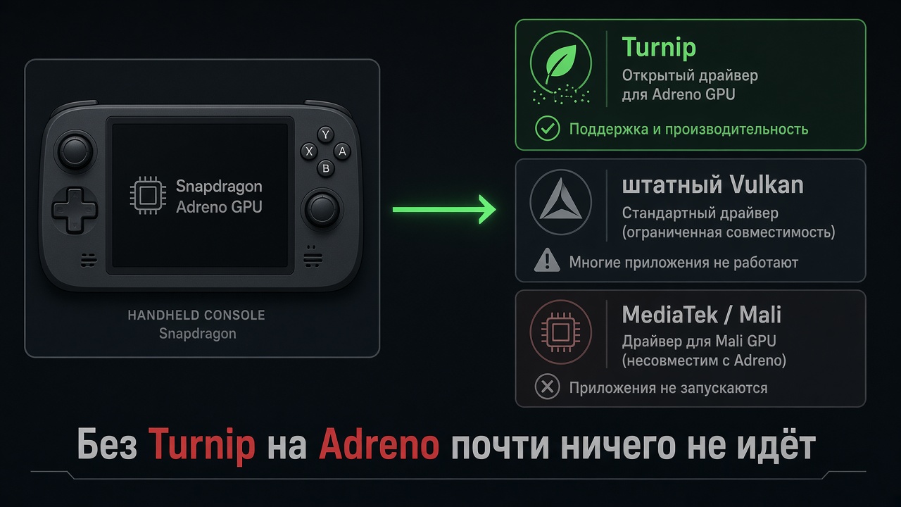 Схема: на Adreno сравнивают штатный Vulkan и одну сборку Turnip