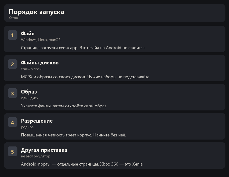 Схема Xemu: файл для компьютера, MCPX и образ со своего диска, родное разрешение